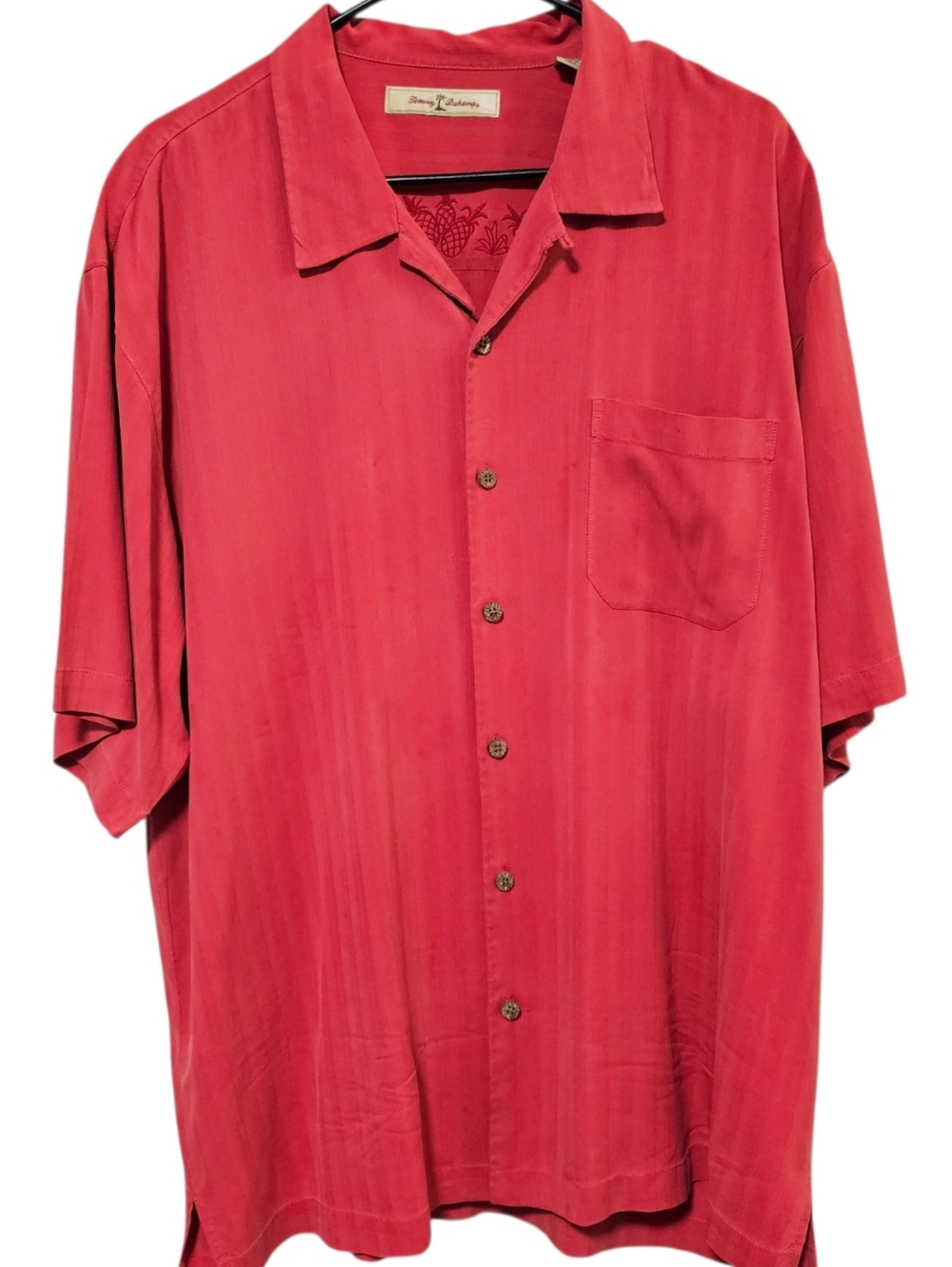 Tommy Bahama 100% Silk Coral Red Short Sleeve Button Down Size XL